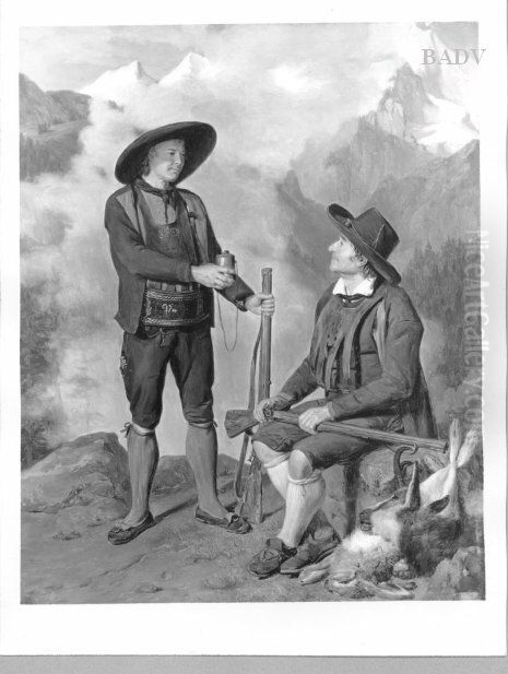 two hunters in the mountains Oil Painting by Ferdinand Georg Waldmuller