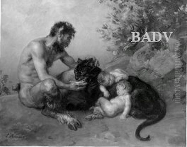 Alter Faun mit zwei jungen Faunen und schwarzen Panther Oil Painting by Ludwig Knaus