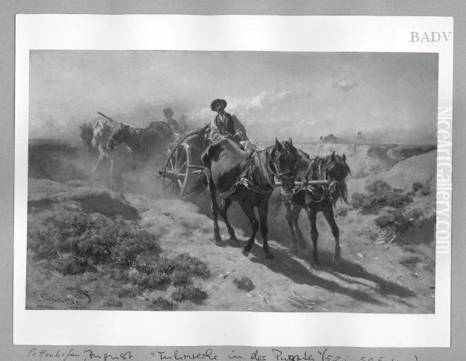 2 wheeled carriages in Hungarian plain Oil Painting by August von Pettenkofen