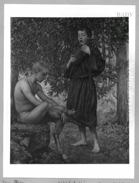 Waldidyll, Junger Faun und Madchen mit Mandoline Oil Painting by Hans Thoma