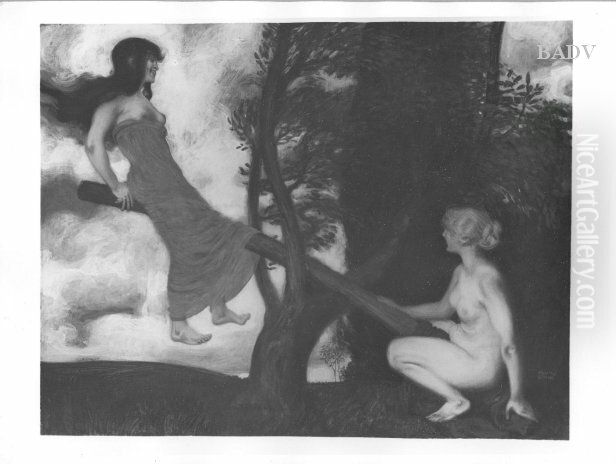 Zwei schaukelnde Frauen / Nymphen Oil Painting by Franz Stuck