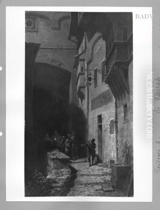 group of street guards at night Oil Painting by Carl Spitzweg