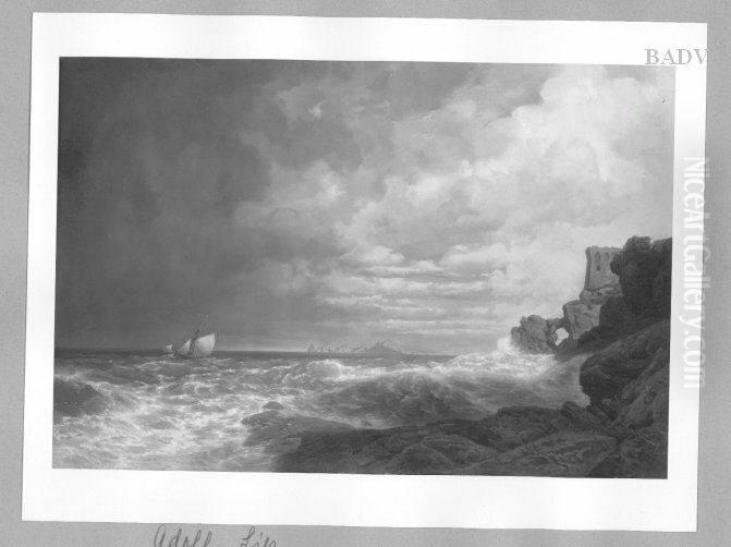 Meereskuste mit Ruine und Segelschiff Oil Painting by Adolf Heinrich Lier