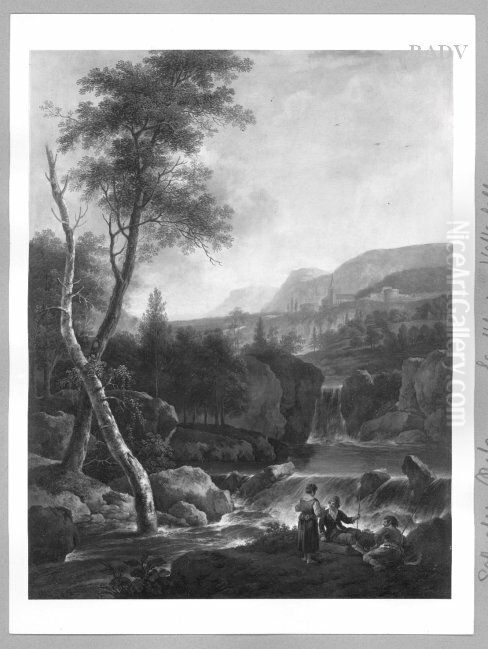 Landschaft mit Wasserfall und drei Figuren Oil Painting by Salvator Rosa