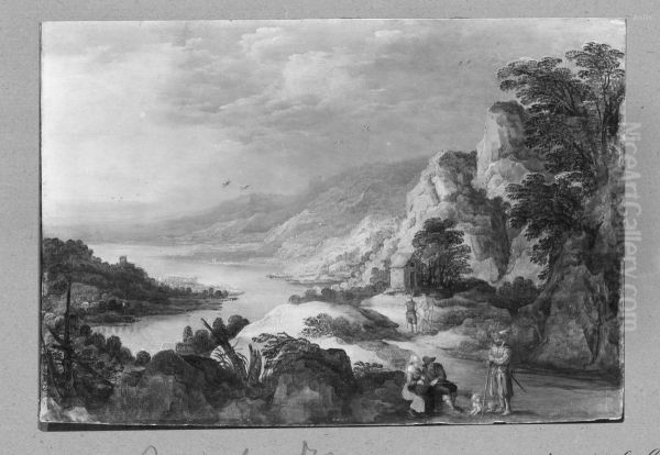 river-landscape + 5 figures Oil Painting by Joos de Momper the Younger