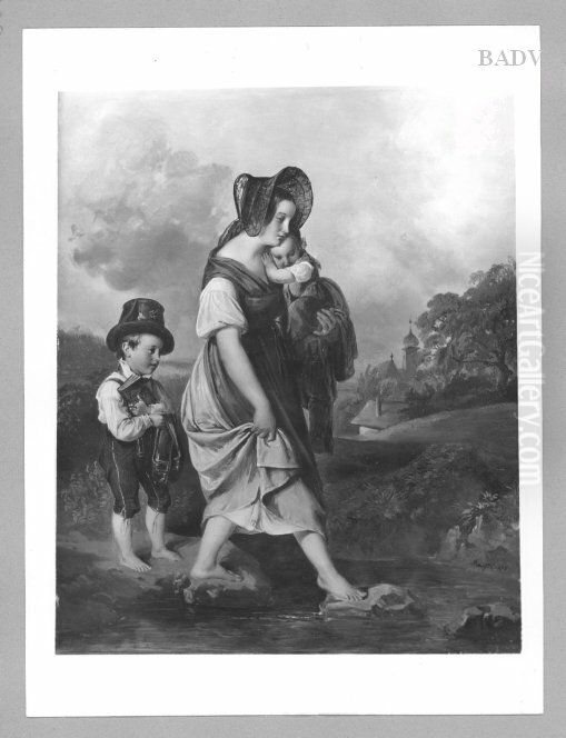 Mutter mit Kindern uber einem Bach schreitend Oil Painting by Matthias Ranftl
