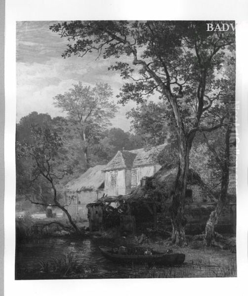 Haus im Walde mit Wasser und Kahn Oil Painting by Andreas Achenbach