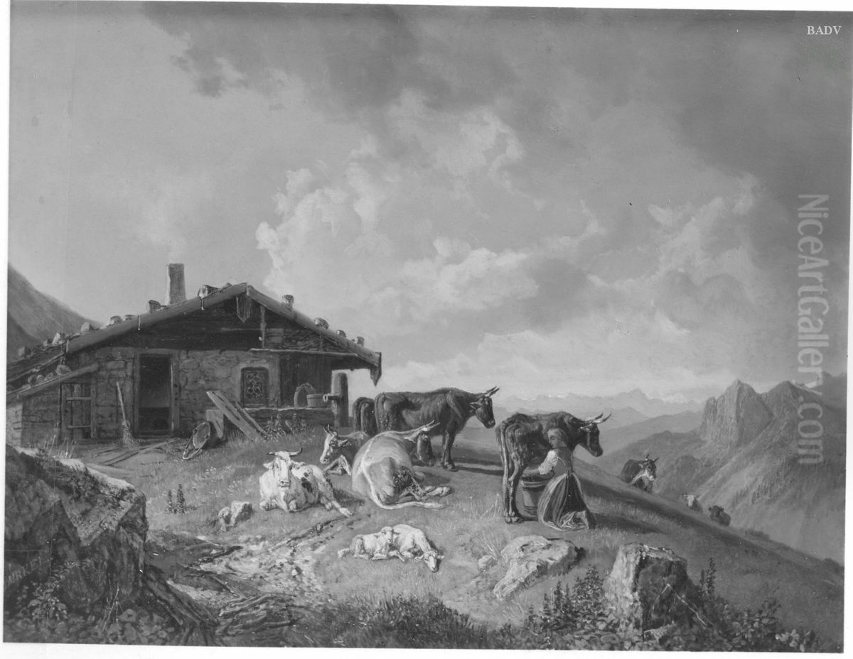 Sennhutte mit Sennerin Oil Painting by Heinrich Burkel