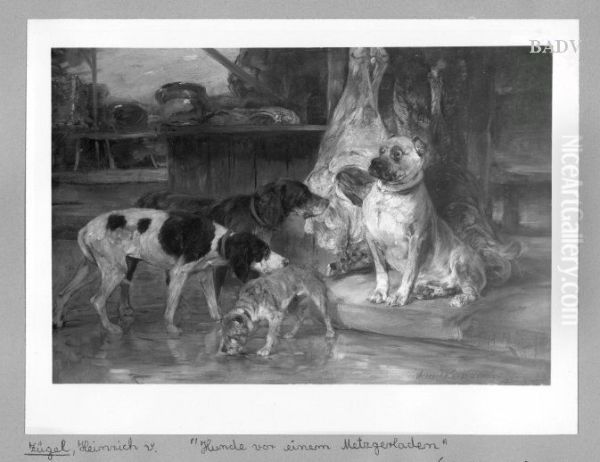 Hunde vor einem Metzgerladen Oil Painting by Heinrich Johann Von Zugel