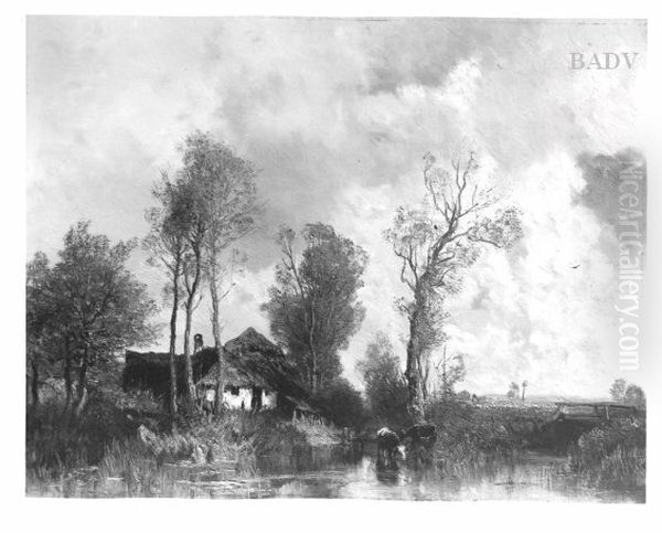 landscape with brook cows + cottage Oil Painting by Joseph Wenglein