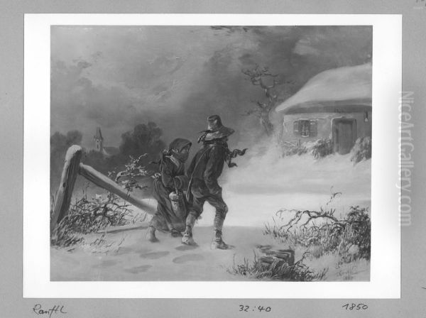 Man and woman wandering in snow - storm Oil Painting by Matthias Ranftl