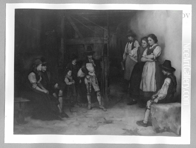 Dudelsackblaser und bauerliche Gruppe in einer Scheune Oil Painting by Rudolf Hirth Du Frenes
