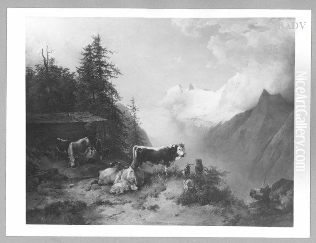 Alm mit Kuhen und Stier Oil Painting by Friedrich Gauermann