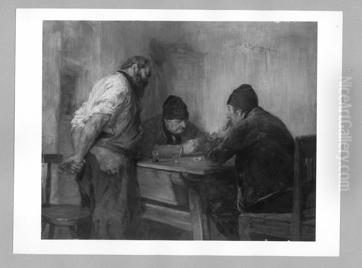 peasants playing card Oil Painting by Edmund Harburger