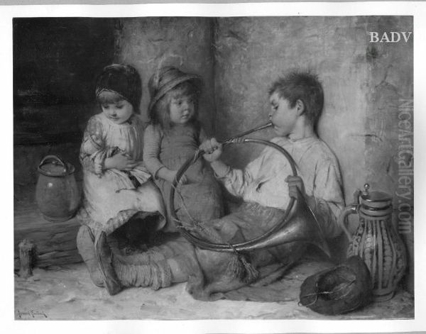 Zwei Madchen und ein Knabe Horn blasend Oil Painting by Hermann von Kaulbach
