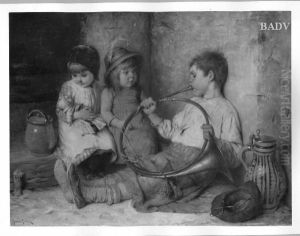 Zwei Madchen und ein Knabe Horn blasend