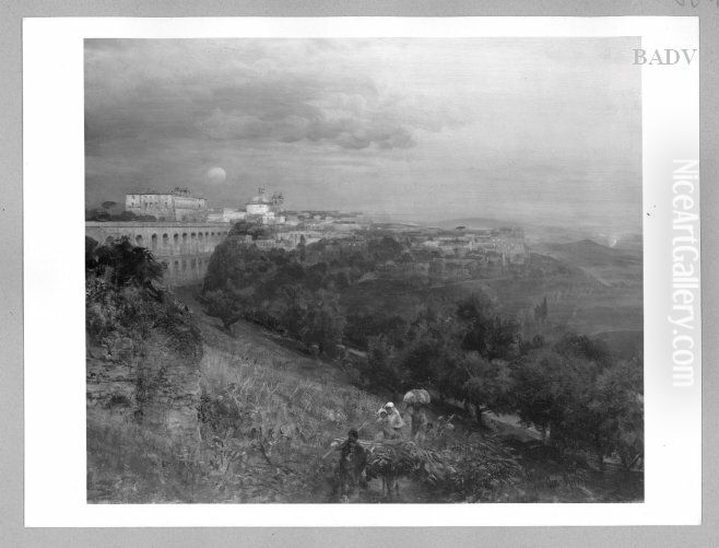 Sudliche Landschaft, Arriccia mit Viadukt (mit aufgehenden Mond) Oil Painting by Oswald Achenbach Sudliche Landschaft, Arriccia mit Viadukt (mit aufgehenden Mond) Oil Painting by Oswald Achenbach