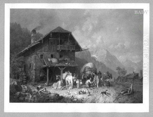 Strohfuhre vor der Schmiede (im Gebirge) Oil Painting by Heinrich Burkel
