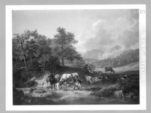 Landschaft mit Kuhen und Ziegen am Wasser