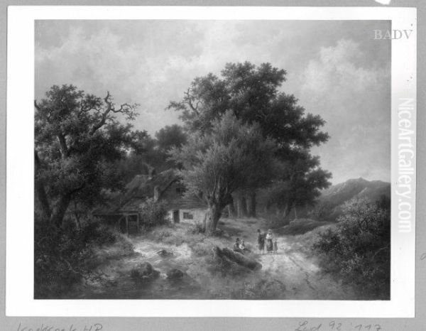 forest-scenery with figures + watermill Oil Painting by Barend Cornelis Koekkoek
