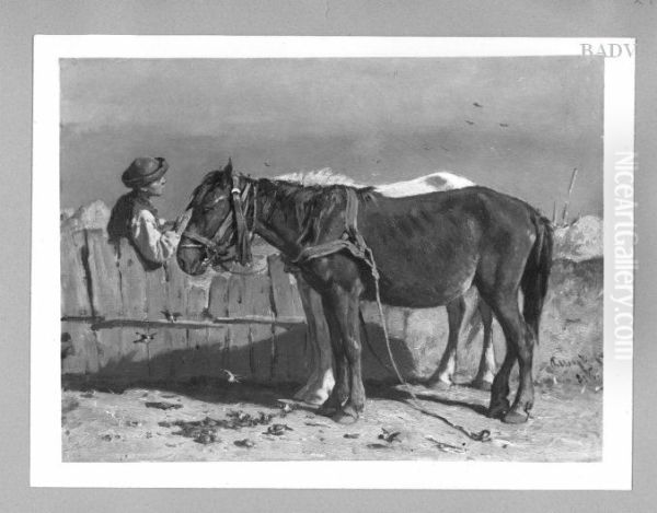 Knabe mit zwei Pferden an einem Zaun Oil Painting by August von Pettenkofen