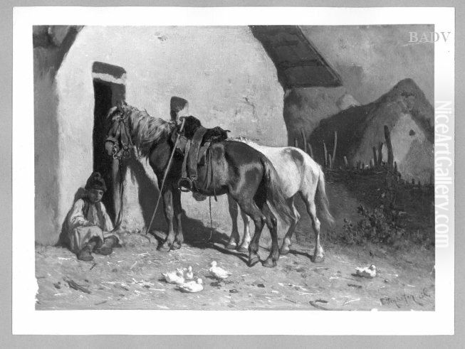 Knabe mit zwei Pferden vor dem Stall Oil Painting by August von Pettenkofen