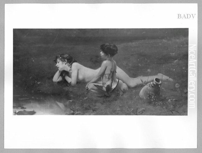 Resting naked girl and little boy at lake shore Oil Painting by Bruno Piglhein