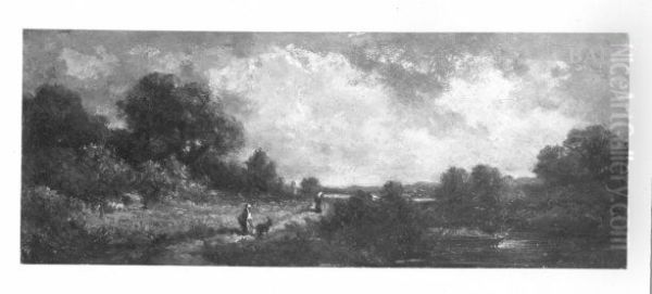 Landschaft mit Bach und zwei Figuren Oil Painting by Carl Spitzweg