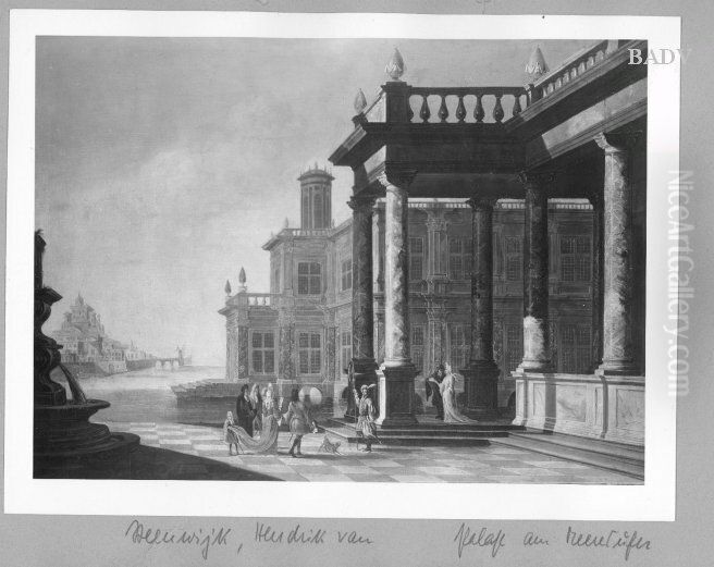 House of patrician at the water, with figures Oil Painting by Hendrik van Steenwijk II