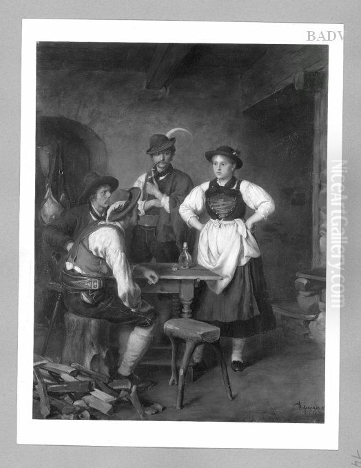 Drei Bauern und ein Madchen in Unterhaltung (Ernsthafte Unterhaltung) Oil Painting by Franz Defregger Drei Bauern und ein Madchen in Unterhaltung (Ernsthafte Unterhaltung) Oil Painting by Franz Defregger