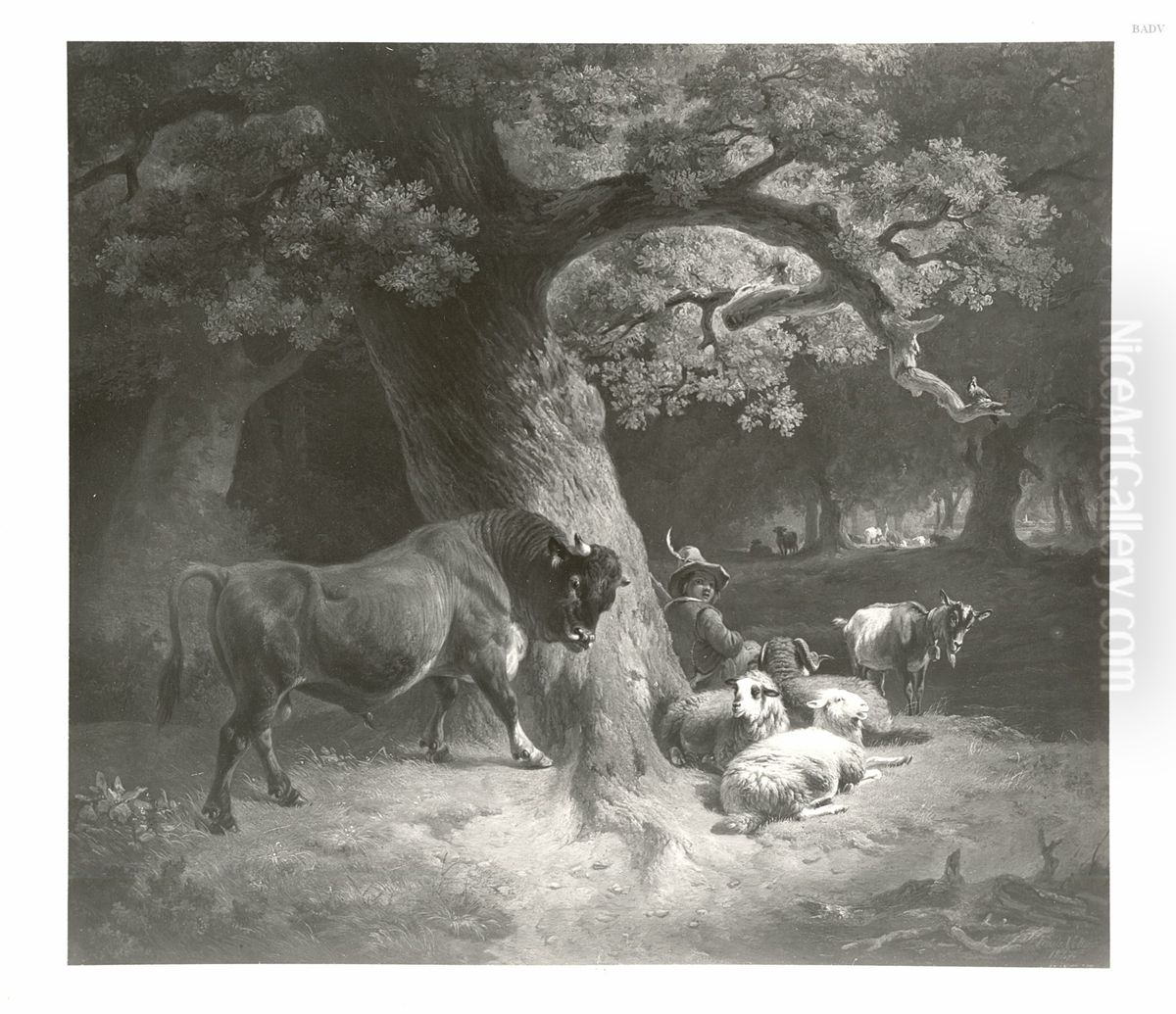 young shepherd frightened by a steer Oil Painting by Friedrich Voltz