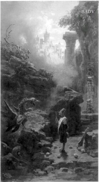 Zauberer einen Drachen beschworend Oil Painting by Carl Spitzweg