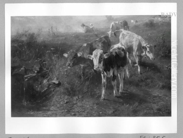 Cows in a meadow Oil Painting by Anton Braith