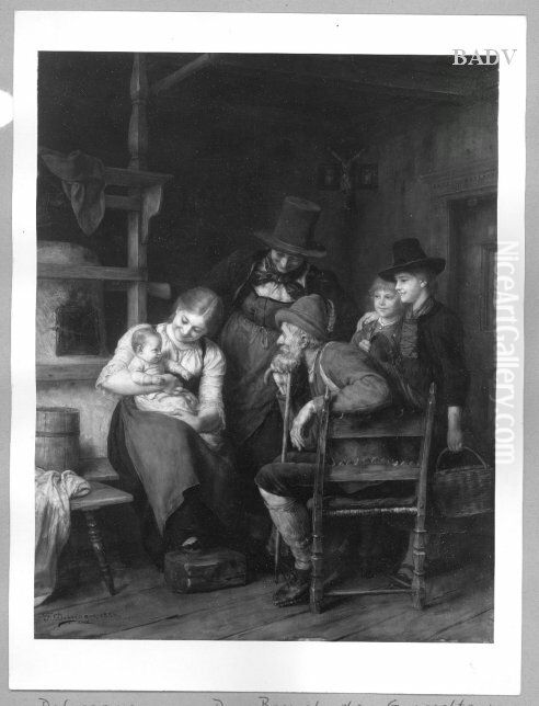 Junge Mutter mit Kind und Bauern zu Besuch (Besuch der Grosseltern) Oil Painting by Franz Defregger