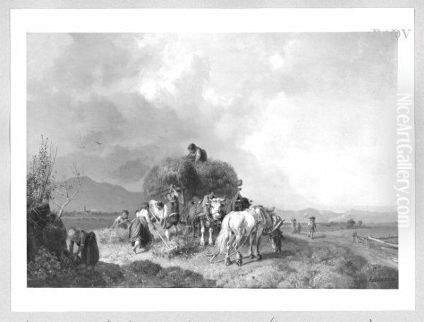 Loading the hay before a tempest Oil Painting by Heinrich Burkel