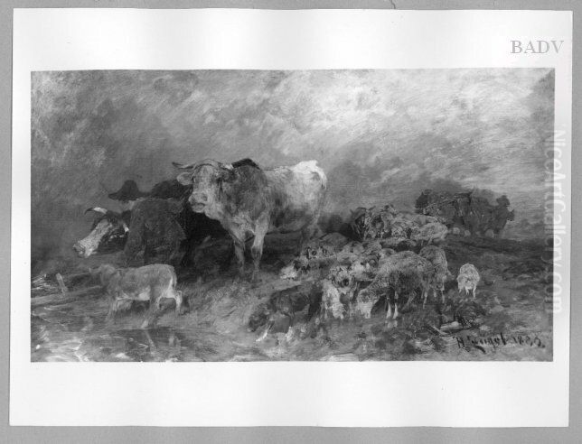cattle in rising thunderstorm Oil Painting by Heinrich Johann Von Zugel