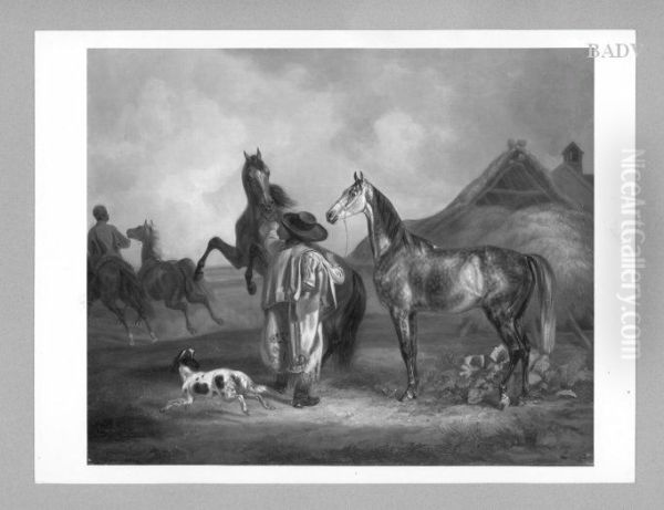 Pferdeportrats zweier Schimmel aus dem kaiserlichem Reitstall Oil Painting by Albrecht Adam