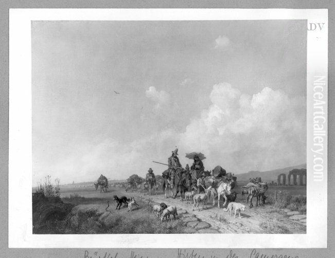 train of shepherds+sheep in the Campagna. Oil Painting by Heinrich Burkel