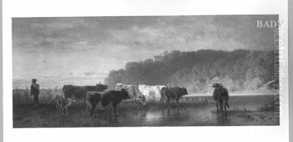 cows at a river Oil Painting by Friedrich Voltz