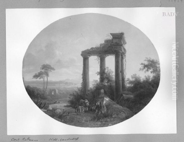 Italian landscape with ruins and travellers Oil Painting by Carl Rottmann