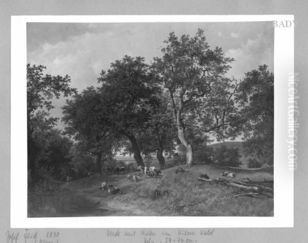 Landscape with figures + cattle Oil Painting by Josef Feid