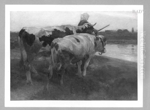 Girl with two cows at a river Oil Painting by Heinrich Von Zugel