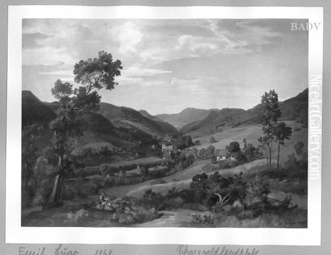 Landscape, houses in a valley Oil Painting by Emil Lugo