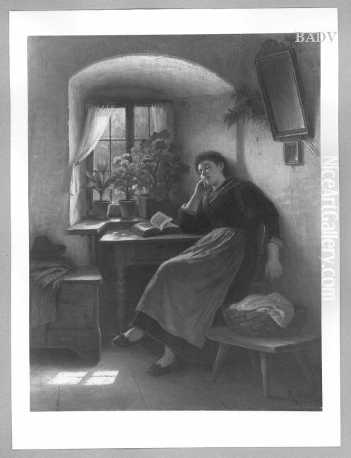 Interieur with girl sleeping Oil Painting by Rudolf Epp