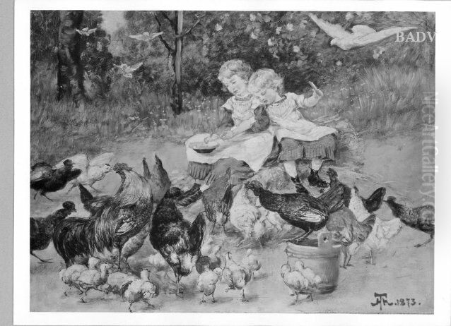 children + chickens Oil Painting by Hans Thoma