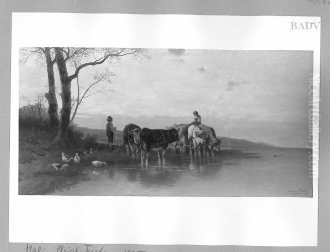 landscape, cattle at a lake Oil Painting by Christian Mali