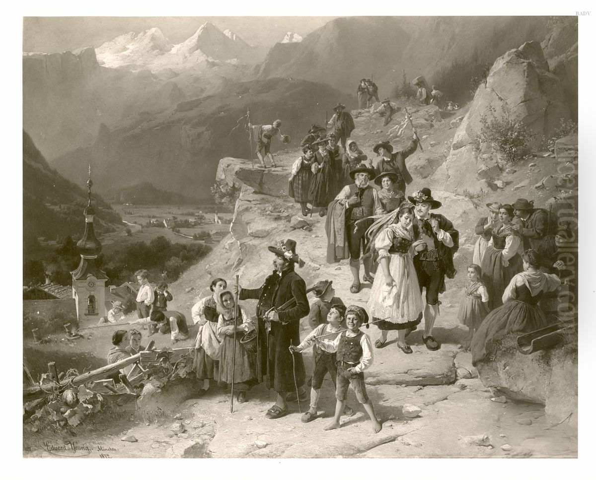 Gebirgslandschaft mit Tiroler Bauernhochzeit Oil Painting by Eduard Young