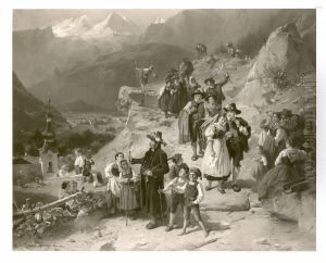 Gebirgslandschaft mit Tiroler Bauernhochzeit