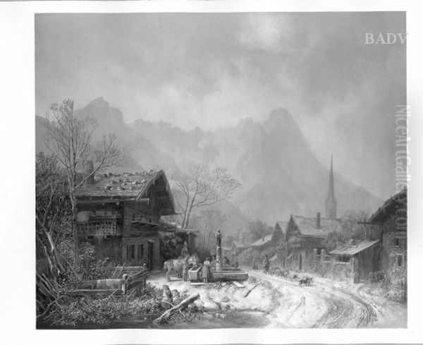 Winterlandschaft mit Dorfstrasse und Brunnen Oil Painting by Heinrich Burkel