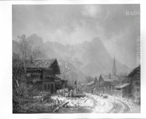 Winterlandschaft mit Dorfstrasse und Brunnen
